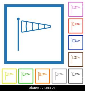 Windsock indicator outline flat color icons in square frames on white background Stock Vector