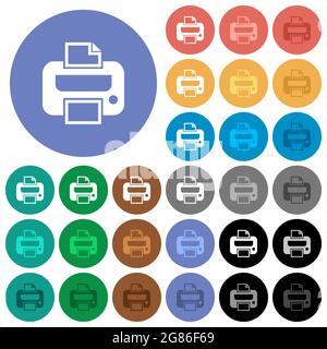 Printer multi colored flat icons on round backgrounds. Included white, light and dark icon variations for hover and active status effects, and bonus s Stock Vector