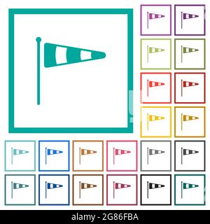 Windsock indicator solid flat color icons with quadrant frames on white background Stock Vector