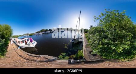 360 degree panoramic view of Public moorings  on the River Ant at Barton Turf Staithe in the heart of the Norfolk Broads.