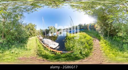 360 degree panoramic view of Public moorings on the River Ant in the small village of Barton Turf, Norfolk Broads National Park.