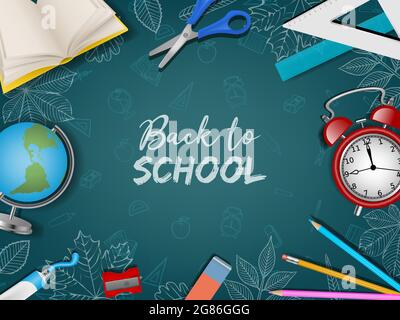 Back to school poster with realistic supplies and doodles on chalkboard background Stock Vector