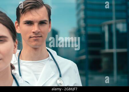 close up. young interns doctors standing together. Stock Photo