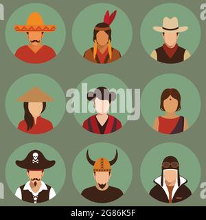 vector different characters pirate, pilot, cowboy, viking, mexiacn, indian, american and asian people faces Stock Vector
