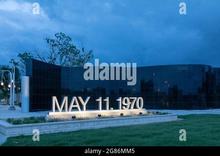 Lubbock, Texas - A memorial for the 26 persons killed and 500 injured in the 1970 F5 tornado that struck the city's central business district. Stock Photo