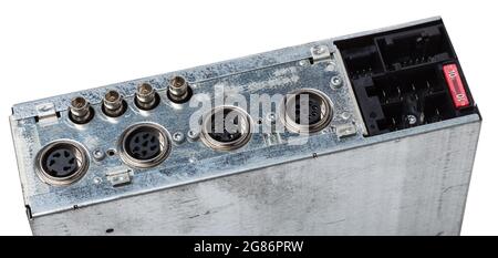A control panel with old analog audio and video connectors. Red and white RCA audio connectors and S-Video connectors. Audio and video outputs. Auxili Stock Photo