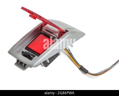Emergency red sos button which is used for help after car accident on white isolated background Stock Photo