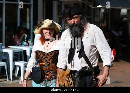Hastings, East Sussex, UK. 17 Jul, 2021. UK Weather: Hot and sunny for the seaside town of Hastings in East Sussex as the town is swamped with visitors. Hastings pirate day. Photo Credit: Paul Lawrenson /Alamy Live News Stock Photo