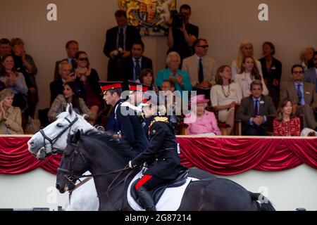 Windsor, Berkshire, UK. 3rd July, 2021. Queen Elizabeth II wore a pale pink coat and hat this afternoon in the Royal Box at Royal Windsor Horse Show as she watched the Land Rover Services Team Jumping Parade. Credit: Maureen McLean/Alamy Stock Photo