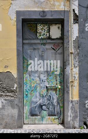 Painted doors in Santa Maria street, Funchal, Madeira, Portugal, Europe Stock Photo