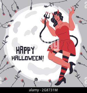 Halloween party invitation or greeting card, post template with devil girl cartoon character, flat cartoon vector illustration. Witch evil woman in Ha Stock Vector