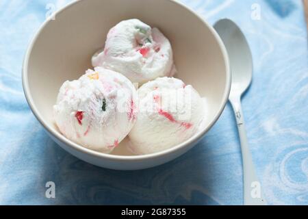 Vanilla and strawberry ice cream with jellies Stock Photo