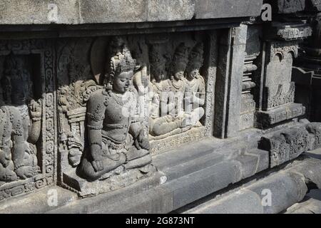 Relief of the god Vishnu in the Hindu Prambanan temple on Java Stock Photo
