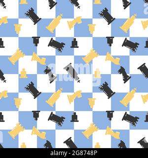 Chessboard with chessmans seamless pattern. Blue white check. Chess day. King rook castle horse knight pawn pattern vector illustration Stock Vector