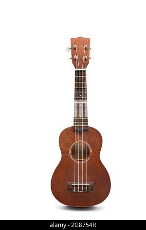 Ukulele guitar isolated on white. Brown acoustic guitar Stock Photo
