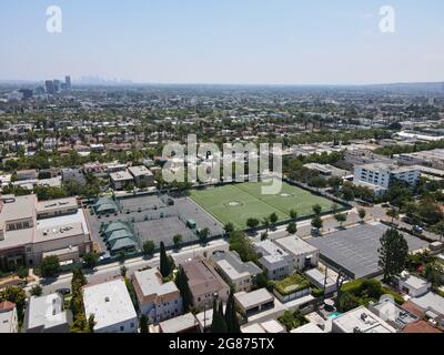 Aerial view of Beverly Hills and school, city in California's Los Angeles County. USA. July 13th, 2021 Stock Photo