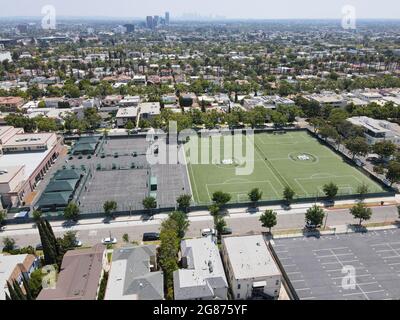 Aerial view of Beverly Hills and school, city in California's Los Angeles County. USA. July 13th, 2021 Stock Photo