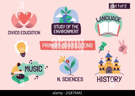 School subjects educational icons. Hand-drawn vector labels with primary school subjects. Perfect for timetables, websites, school apps, sticker desig Stock Vector