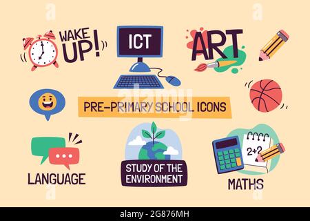 School subjects educational icons. Hand-drawn vector labels with preschool subjects. Perfect for timetables, websites, school apps, sticker design, et Stock Vector