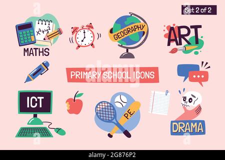 School subjects educational icons. Hand-drawn vector labels with primary school subjects. Perfect for timetables, websites, school apps, sticker desig Stock Vector