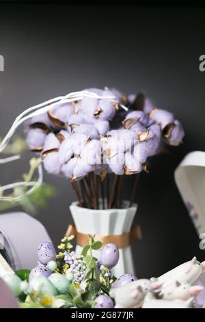 Dried cotton stems purple color inter Stock Photo