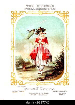 The Bloomer Polka & Schottisch, 1851 suffrage & women's rights  sheet music with color lithograph of a woman in an Amelia Bloomer costume/fashion. Stock Photo