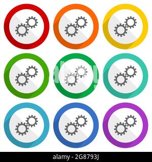 Gear, cogwheel vector icons, set of colorful flat design buttons for webdesign and mobile applications Stock Vector