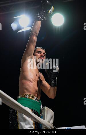 Ladispoli, Italy. 17th July, 2021. Christopher Mondongo (Italy) vs Marvin Callea (France) during the WBC Mediterranean Super Bantamweight Title Fights at Stadio Angelo Sale in Ladispoli. (Photo by Domenico Cippitelli/Pacific Press/Sipa USA) Credit: Sipa USA/Alamy Live News Stock Photo
