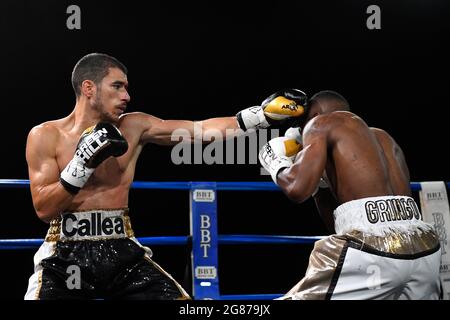 Ladispoli, Italy. 16th July, 2021. Christopher Mondongo (Italy) vs Marvin Callea (France) during the WBC Mediterranean Super Bantamweight Title Fights at Stadio Angelo Sale in Ladispoli. (Photo by Domenico Cippitelli/Pacific Press/Sipa USA) Credit: Sipa USA/Alamy Live News Stock Photo