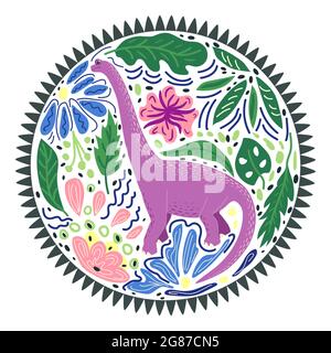 Brachiosaurus purple, prehistoric dinosaurs collection. Ancient animals. Hand drawn. In a frame of flowers and leaves. Stock Vector