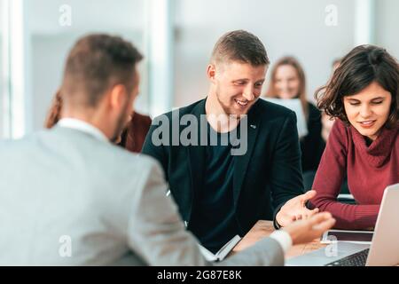 close up. serious group of employees discussing working issues Stock Photo