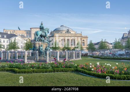 Kongens Nytorv Square with Christian V Statue and Royal Danish Theatre on background - Copenhagen, Denmark Stock Photo