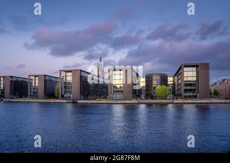 Main Canal view of Christianshavn at sunset with Christians Church Tower on background - Copenhagen, Denmark Stock Photo