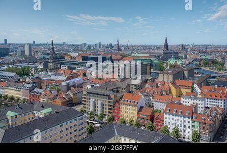 Aerial view of Copenhagen City with Christiansborg Palace and City Hall Towers - Copenhagen, Denmark Stock Photo