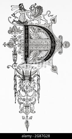 Calligraphic Design Font. Initial letter D. Old 19th century engraved illustration from El Mundo Ilustrado 1880 Stock Photo