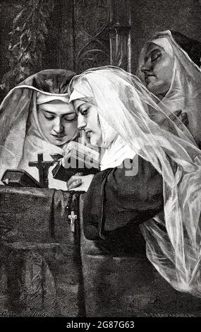 Roman catholic novices nuns. Old 19th century engraved illustration from El Mundo Ilustrado 1880 Stock Photo