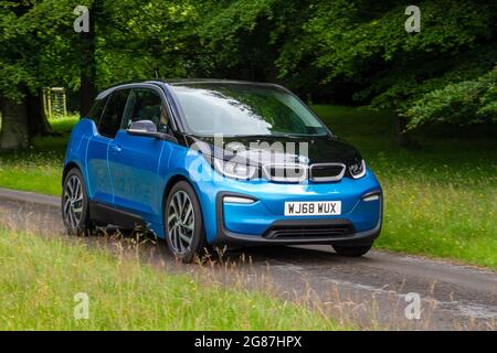 2018 blue BMW  i3 1 speed automati 600cc hybrid electric at ‘The Cars the Star Show” in Holker Hall & Gardens, Grange-over-Sands, UK WJ68WUX Stock Photo