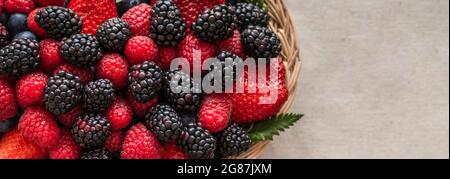 Berries on a beige background. Berry mix close-up. Banner. Raspberries, blackberries and strawberries in a basket. Copy space, top view, flat lay. Stock Photo