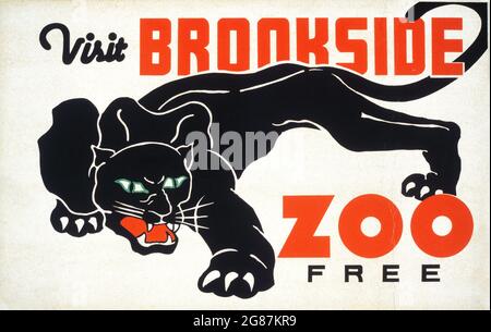 Visit Brookside Zoo free. Old sign / poster with a black panther. Digitally enhanced. Federal Art Project, 1937. WPA poster. Stock Photo