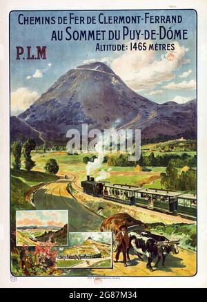 Vintage travel poster. Classic poster / ad. by Louis Tauzin. Chemins de Fer de Clermont-Ferrand au Sommet du Puy-de-Dôme. Altitude 1465 mètres. Stock Photo