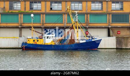 Fishing boat in Oostende (Ostend) harbor, Flanders, Belgium. Stock Photo