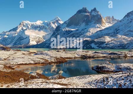 Nordenskjold lake and Cuernos del Paine peaks at sunset in winter, Torres del Paine national park, Patagonia, Chile. Stock Photo