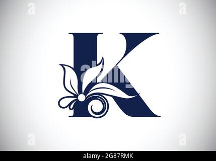 Floral monogram letter K. Initial alphabet with botanical elements. Font emblem. Vector illustration for wedding invitations, greeting cards, logos Stock Vector