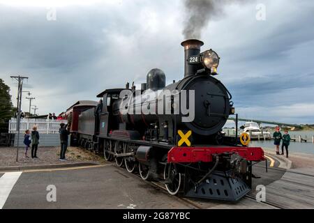 The Cockle Train driven by RX 224, a 1915 built steam locomotive, prepares to depart Goolwa station in South Australia, Australia. Stock Photo