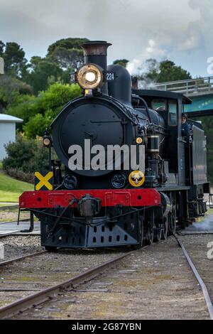 Engine RX 224, a 1915 built steam locomotive, prepares to connect to the Cockle Train at Goolwa station in South Australia, Australia. Stock Photo