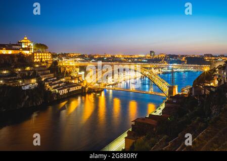 Dom Luiz bridge over river douro at porto in portugal at night Stock Photo