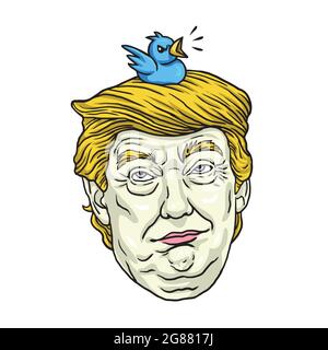 Donald Trump with His Pet Twitter Bird. Cartoon Caricature Portrait Illustration Vector Stock Vector