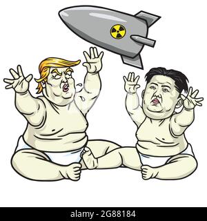Baby Trump Playing with Kim Jong-un. Cartoon Illustration Stock Vector