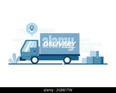 Delivery truck with cardboard boxes on white background for online delivery service. Stock Vector