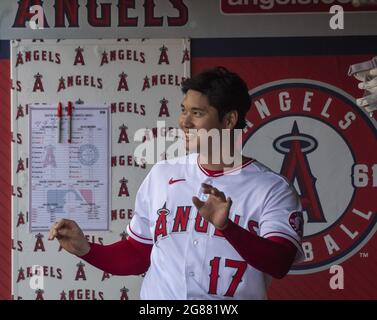 Anaheim, United States. 17th July, 2021. Los Angeles Angels designated hitter Shohei Ohtani (17) in the dugout before the game against the Seattle Mariners at Angel Stadium in Anaheim on Saturday, July 17, 2021. Photo by Michael Goulding/UPI Credit: UPI/Alamy Live News Stock Photo